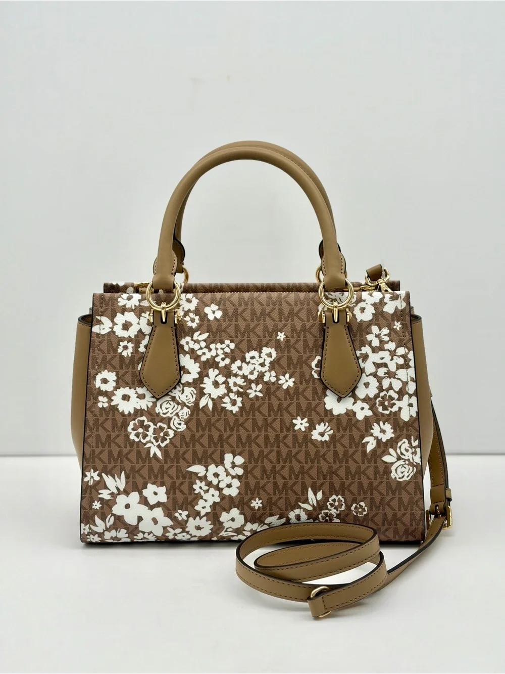 Michael Kors Marilyn Medium Printed Signature Logo Satchel Camel NWT